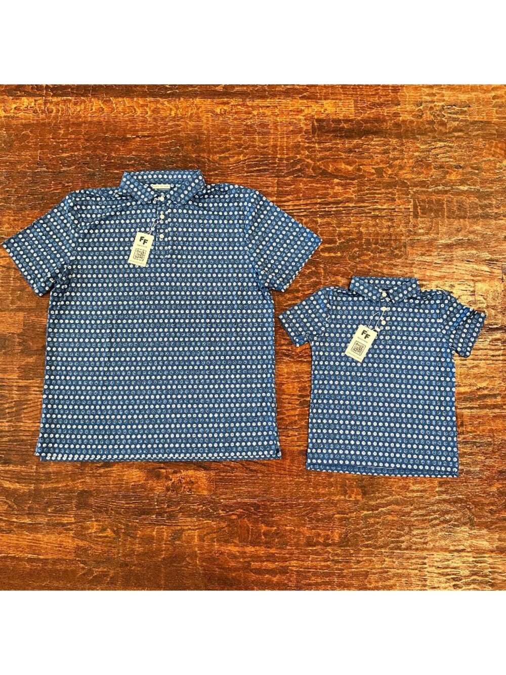 NWT, Dad & Son Fore Fathers, "Fast Breaker" Print Blue Basketball Polos XL 6/7